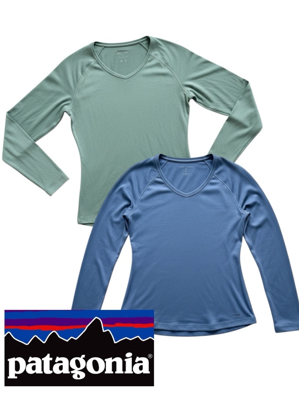 Patagonia Set of 2 Capilene Long Sleeve V-Neck Tops in Sage green and Periwinkle